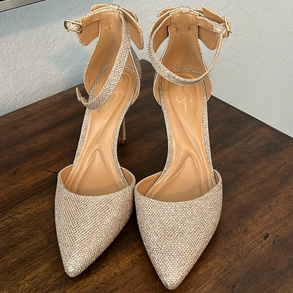 Jessica Simpson gold tone shiny ankle strap heel